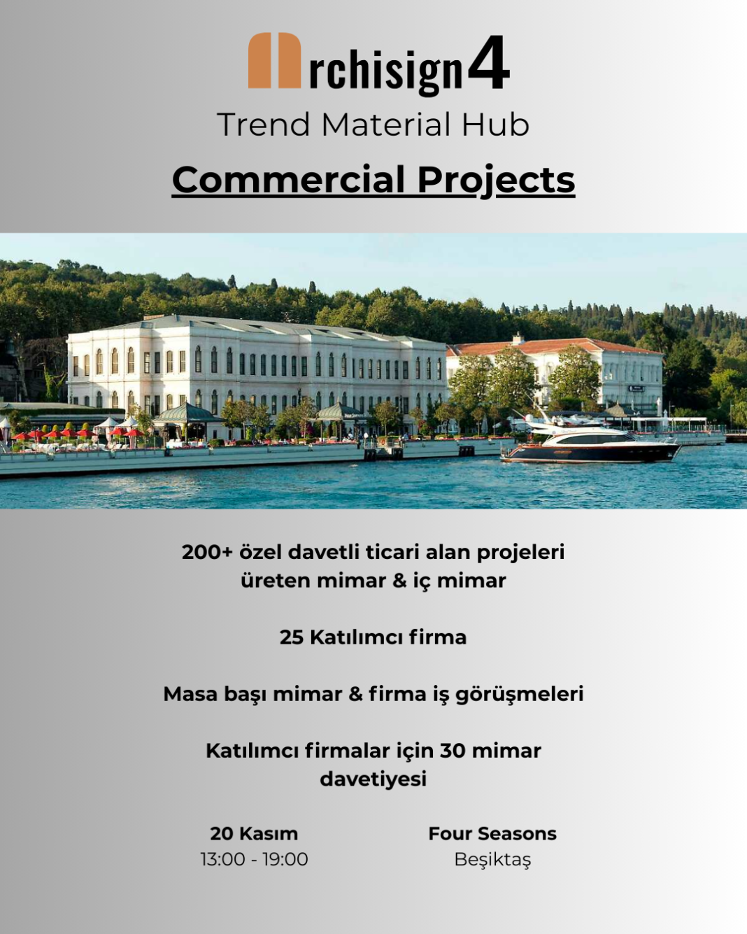 200+ Mimar & İç Mimar Katılımı 25 Katılımcı Firma Masa Başı Mimar & Firma Ikili Görüşmeler ÖZel Davetli 15 Mimar&Iç Mimar Ile öZel Roportaj Coffee Break Ikramlar Firmalara 30 Mimar & Iç Mimar Davetiyesi - 1
